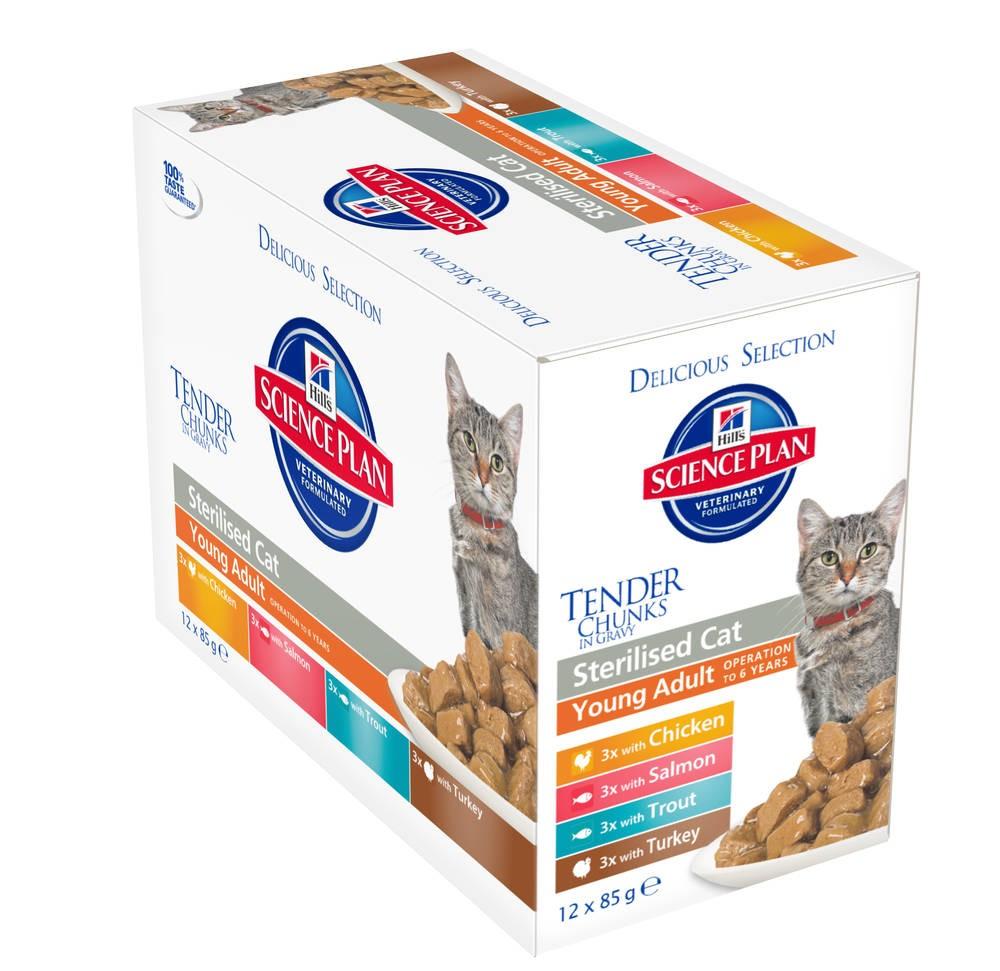 Hill's Feline Young Adult Sterilised Cat Multipack - Pouch 12x85g - 3x Chicken,3x Salmon,3x Trout,3x Turkey